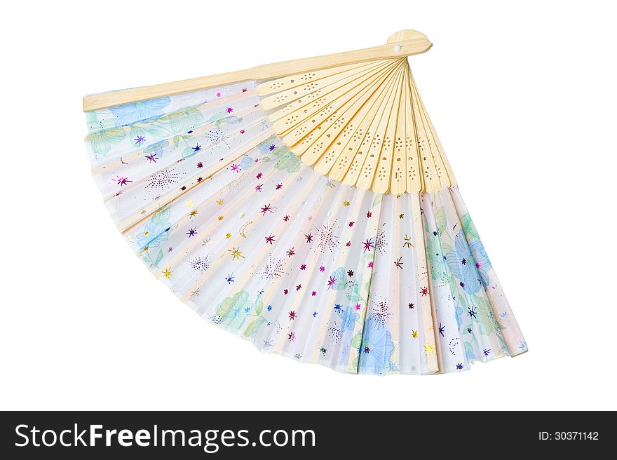 Isolated opened decorate fan on a white background with clipping path. Isolated opened decorate fan on a white background with clipping path