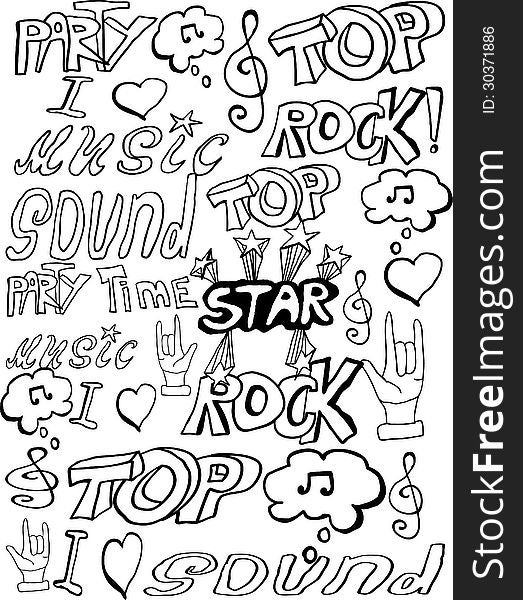 Vector black and white background with signs in rock music style. Vector black and white background with signs in rock music style
