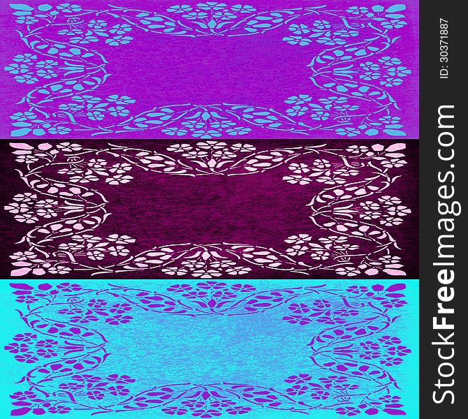 Abstract Floral Motif Collage In Turquoise Violet And Purple Colors