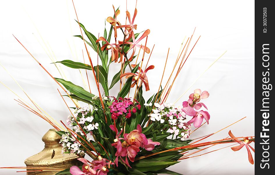 A display of fresh flowers at an exhibition