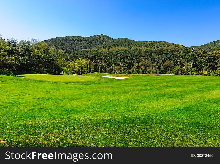 Dalian City, Liaoning Province, China.Wooden club island golf course.