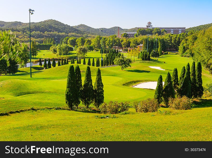 Dalian City, Liaoning Province, China.Overlook the Wooden club island golf course.