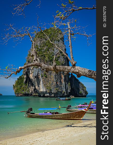 Phra Nang beach and island landscape view with tree and boat, Krabi, Thailand