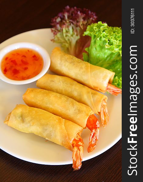 Popular appetizer of Thai food, spring roll with prawn. Popular appetizer of Thai food, spring roll with prawn.