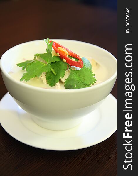 Tom Kha gai, one of popular soup from Thai cuisine. Cook from coconut milk and galanga.