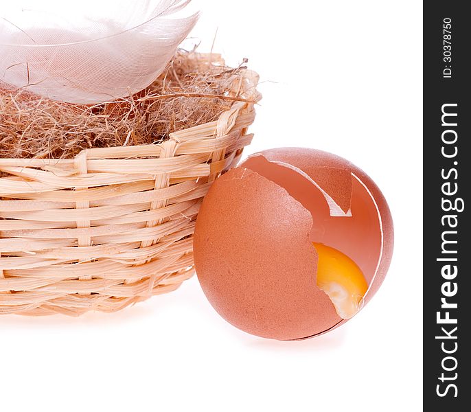 Egg broken on the background of nests with egg and the feather of a bird on the white