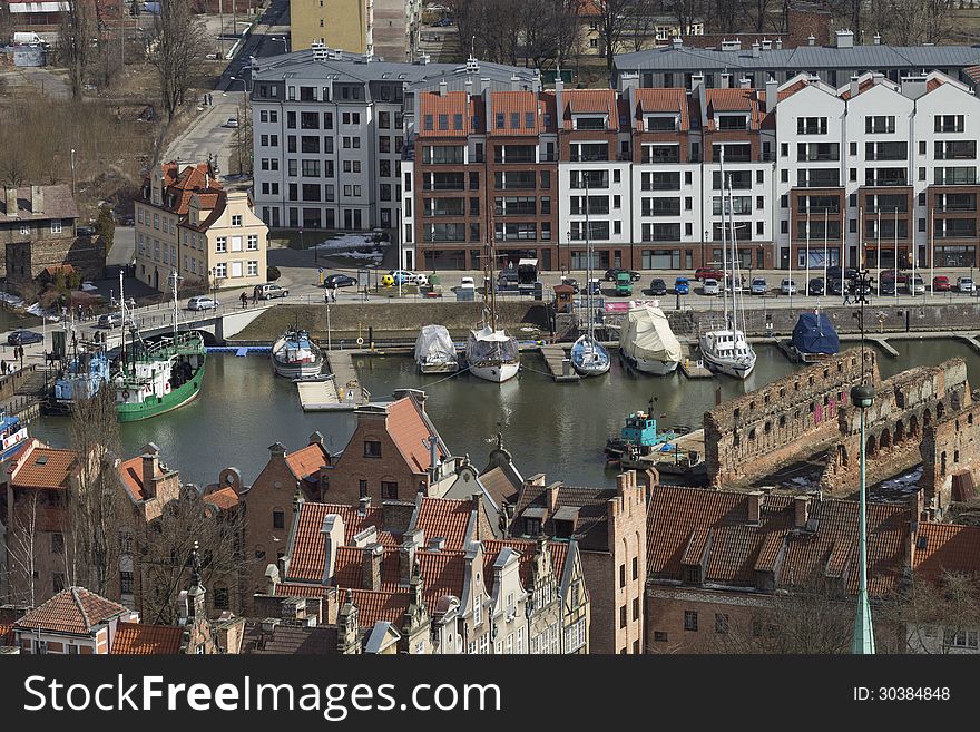 View of the harbor for boats in the old city of Gdansk. View of the harbor for boats in the old city of Gdansk