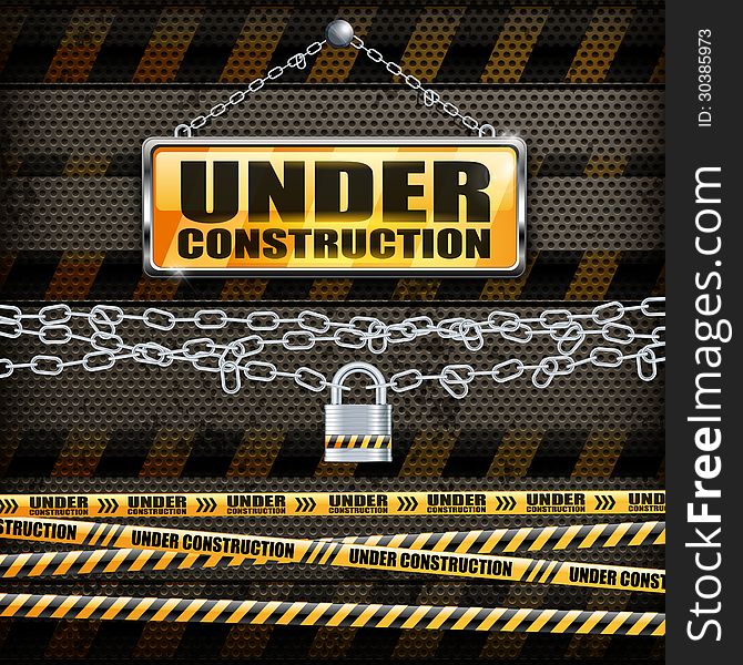 Under construction sign yellow and lock on black background, vector illustration. Under construction sign yellow and lock on black background, vector illustration