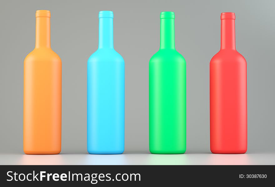 Four colored wine bottles on grey background