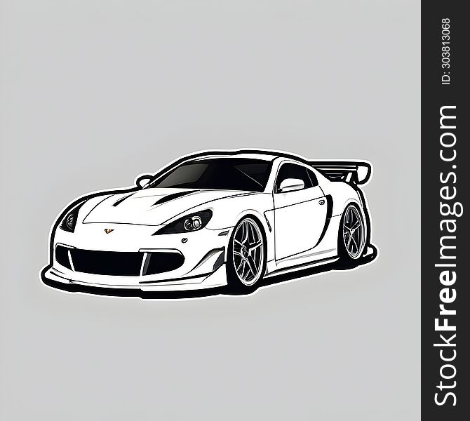 This is a sticker of a sleek, white sports car with black and grey detailing. The car’s aggressive, aerodynamic design and large spoiler indicate its high performance and sporty nature. This is a sticker of a sleek, white sports car with black and grey detailing. The car’s aggressive, aerodynamic design and large spoiler indicate its high performance and sporty nature.