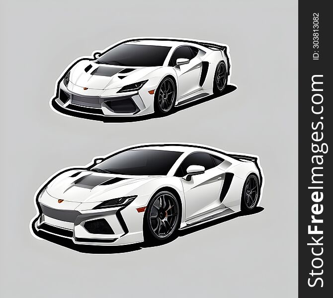 A set of two high-quality stickers featuring a sleek, white luxury sports car with black and grey detailing, showcasing the car’s dynamic design and elegance. A set of two high-quality stickers featuring a sleek, white luxury sports car with black and grey detailing, showcasing the car’s dynamic design and elegance.