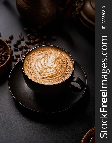 Close-up of a black coffee cup on a black background with copper pots and roasted coffee beans