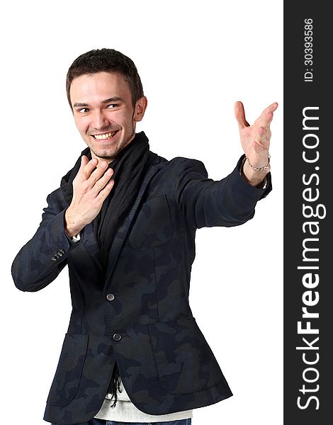 Portrait of young cheerful man showing the purpose on white background