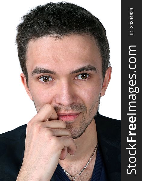 Close up portrait of handsome caucasian man on white background