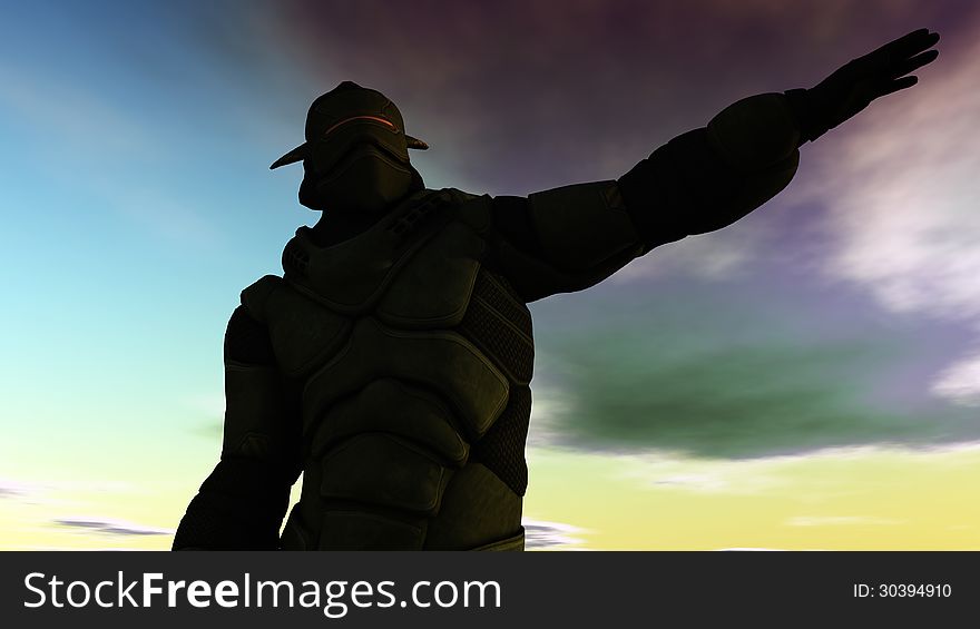 3d design. Humanoid figure and sunset sky