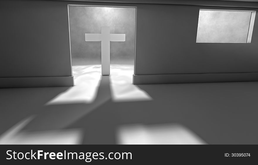 3d design. Mysterious door and illuminated entry