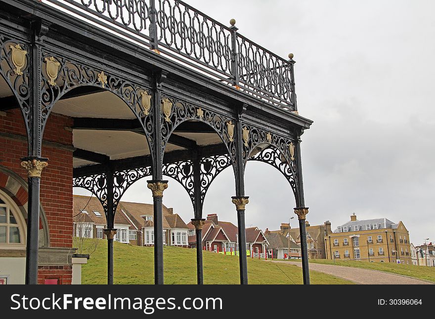 Photo showing ornate ironwork railings at the historic Edwardian king's hall located in herne bay kent. Photo showing ornate ironwork railings at the historic Edwardian king's hall located in herne bay kent.