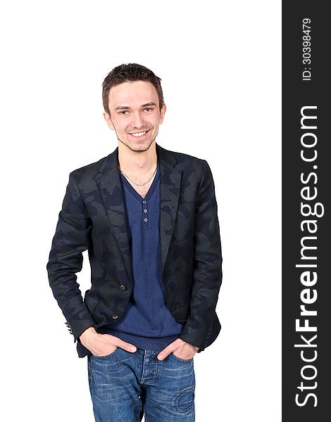 Portrait of young handsome man smiling on white background