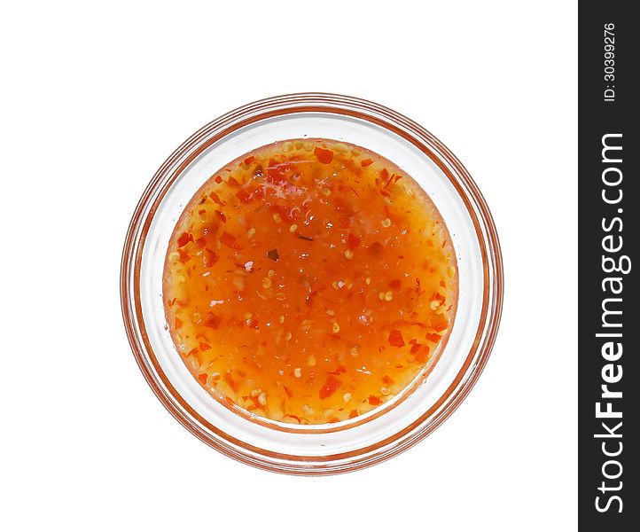 Sweet chilli dipping sauce in bowl isolated on white background