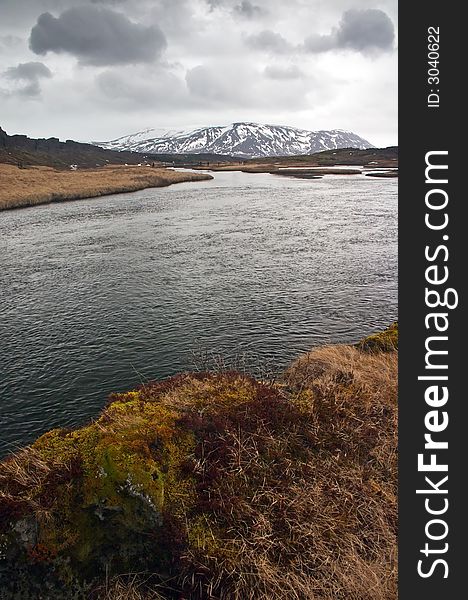 Thingvellir, Icelandic landscape with lake and mountains