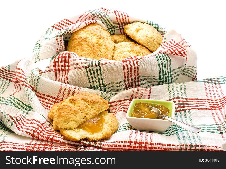 Still life with homemade scones and jam. Still life with homemade scones and jam