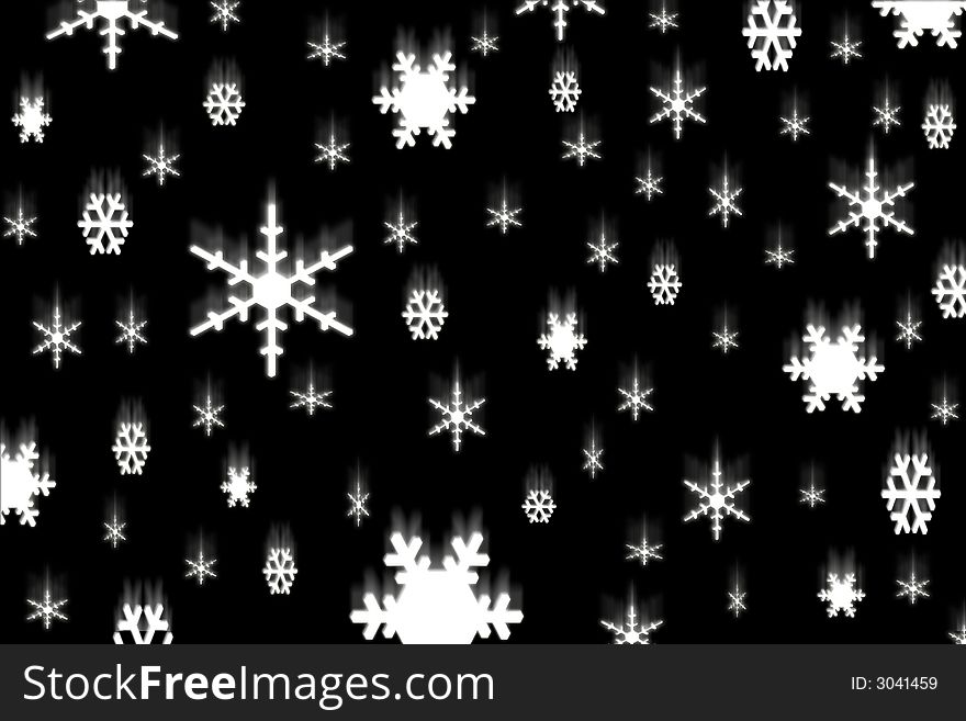 Various sizes of falling white snowflakes make up this illustration set against a black background. Various sizes of falling white snowflakes make up this illustration set against a black background.