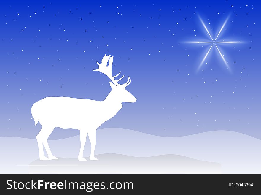 An illustration of a reindeer on a blue background with a star in the corner. An illustration of a reindeer on a blue background with a star in the corner.