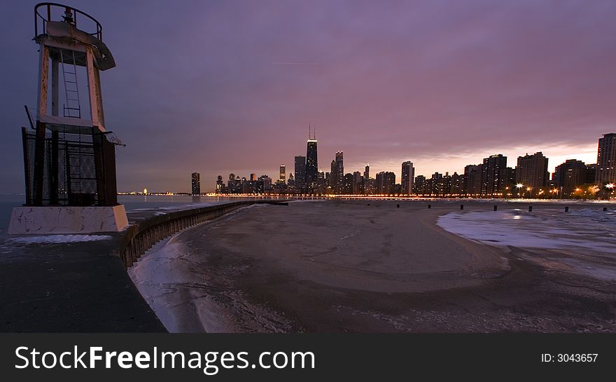 Downtown Chicago and the lighthouse during sunset