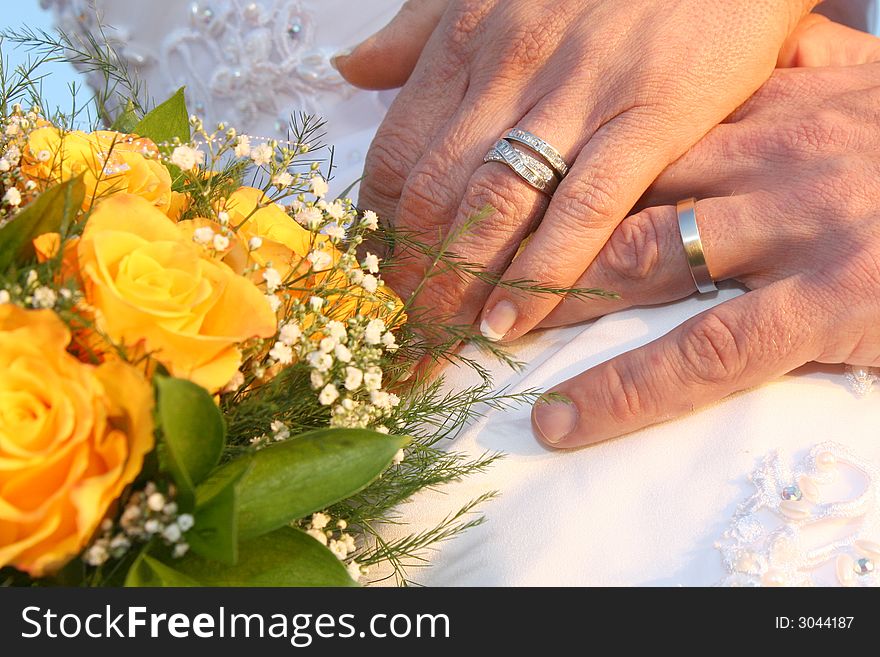 A couple showing their wedding rings. A couple showing their wedding rings
