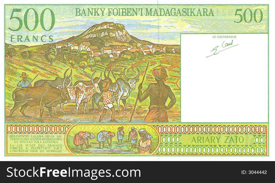 Old paper banknote money Madagaskar frank