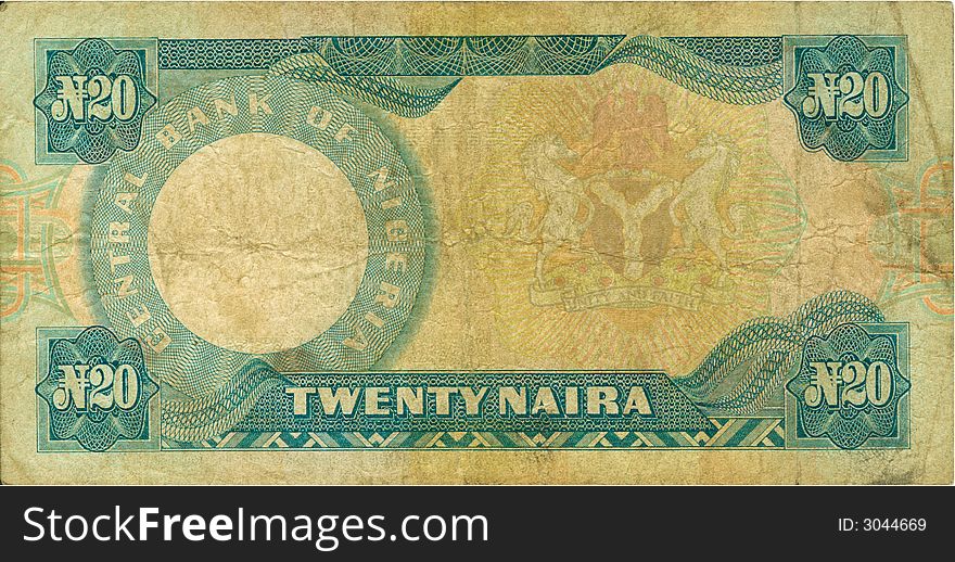 Old paper banknote money Nigeria twenty naira