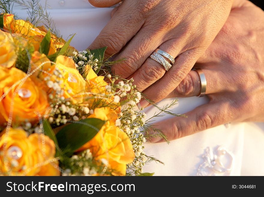 A wedding couple showing their rings. A wedding couple showing their rings