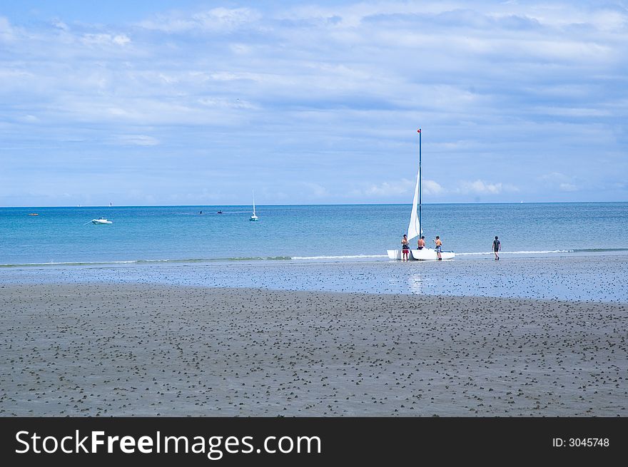 Preparing a catamaran for a ride at sea