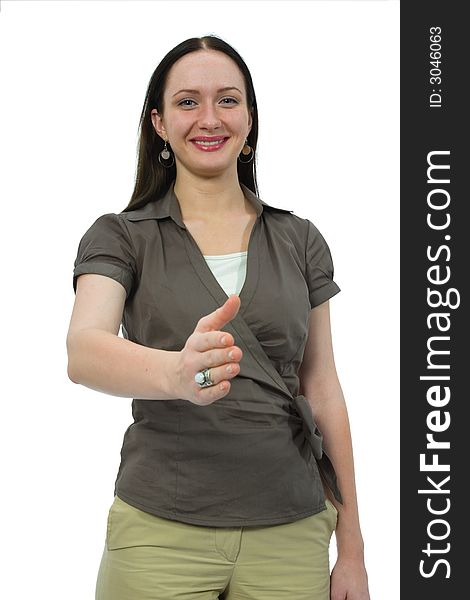 Woman to shake hands on white background