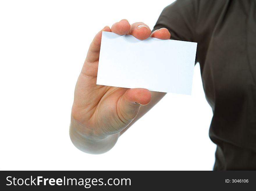 Hand keeps business card on white background