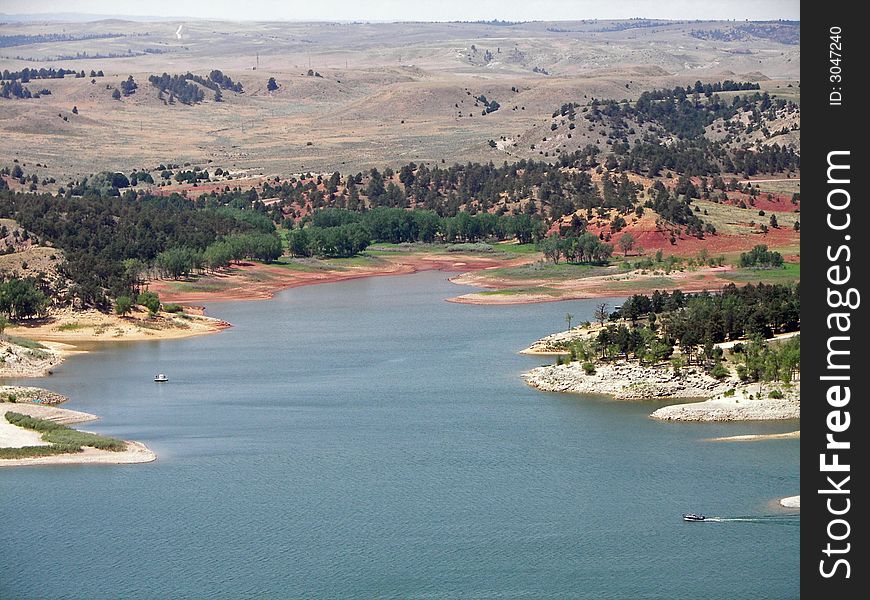 Boats on Glendo Reservoir, and a scenic view of the lake. Boats on Glendo Reservoir, and a scenic view of the lake.