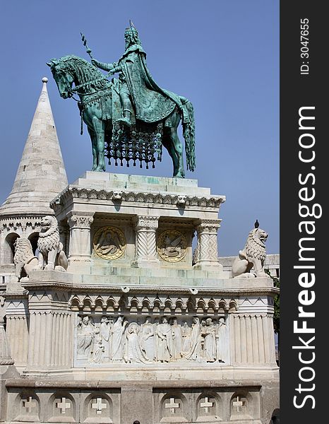 The statue of a horseman in Budapest, Hungaria.