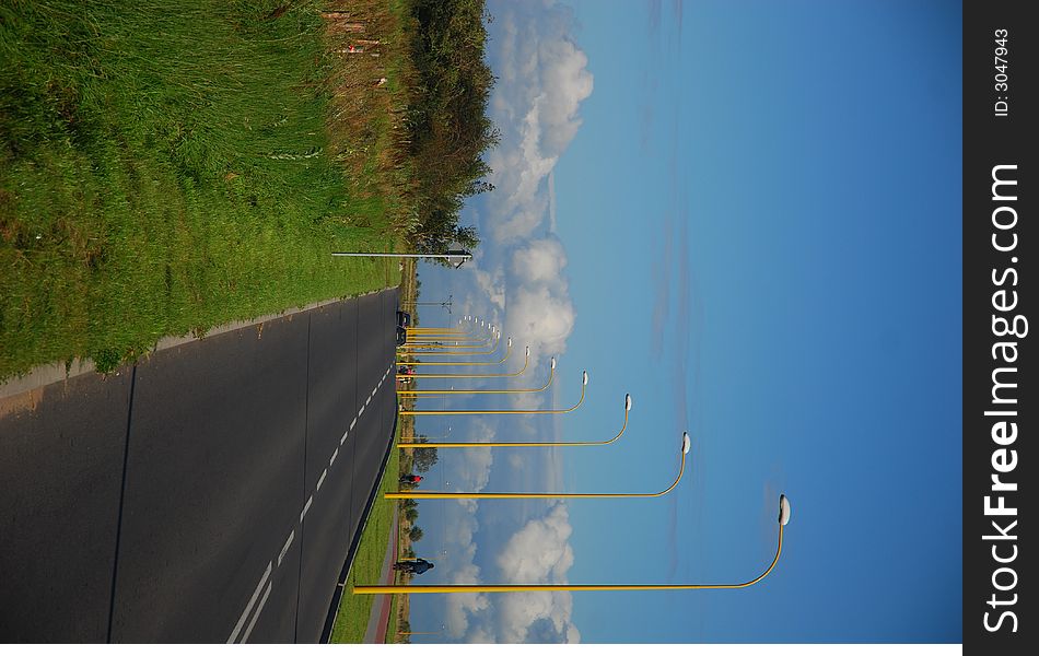 Roadside and yellow lamps. Photo with polarizing filter