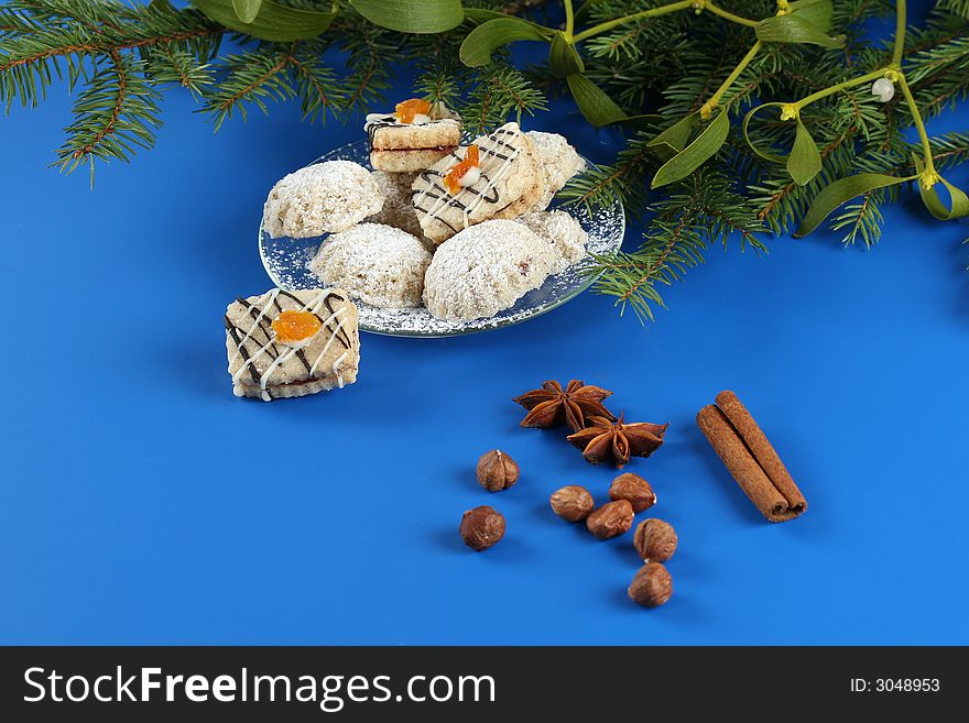 Christmas cookies on the blue background