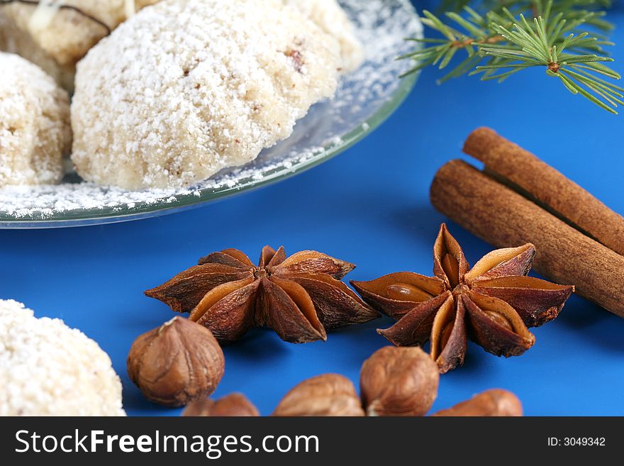 Anise, cinnamon and nuts with cookies. Anise, cinnamon and nuts with cookies