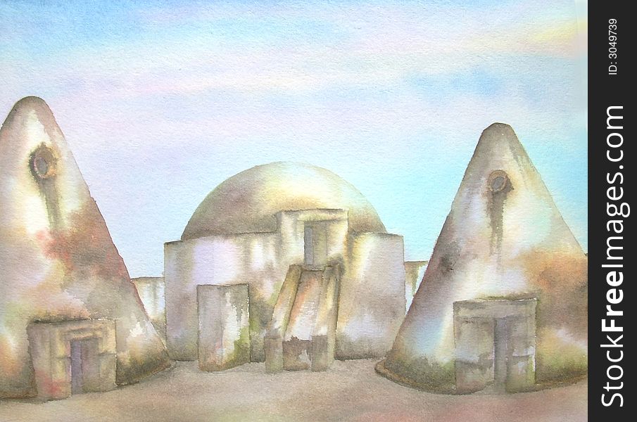 Digitally photographed image of an original watercolor (on 100% cotton & hand made paper), about the geometrical & most original grain silos, of an old mexican hacienda, a masterpiece of the XIXth. century latin-american architecture, located on Jaral del Berrio, Guanajuato, Mexico; painted, photographed & actually owned by Enrique Cardenas-Elorduy, a seasoned mexican Architect, Watercolorist & Digital Artist, in 1997; measures: 28x43cms. = 11x17 # 97-001 (ready for print, on measures 18x23cms = 7x9, at 300dpi, 5mp, rgb, jpg format). Digitally photographed image of an original watercolor (on 100% cotton & hand made paper), about the geometrical & most original grain silos, of an old mexican hacienda, a masterpiece of the XIXth. century latin-american architecture, located on Jaral del Berrio, Guanajuato, Mexico; painted, photographed & actually owned by Enrique Cardenas-Elorduy, a seasoned mexican Architect, Watercolorist & Digital Artist, in 1997; measures: 28x43cms. = 11x17 # 97-001 (ready for print, on measures 18x23cms = 7x9, at 300dpi, 5mp, rgb, jpg format).