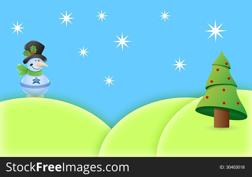 Christmas card with snow puppet and chrismas tree