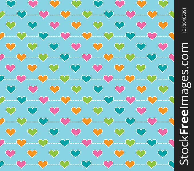 Tiled background pattern of multi-colored hearts on a turquoise blue background. Tiled background pattern of multi-colored hearts on a turquoise blue background