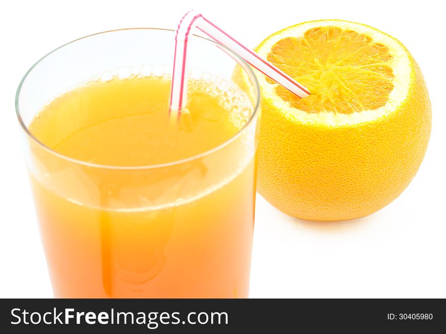 Orange juice and orange on a white background