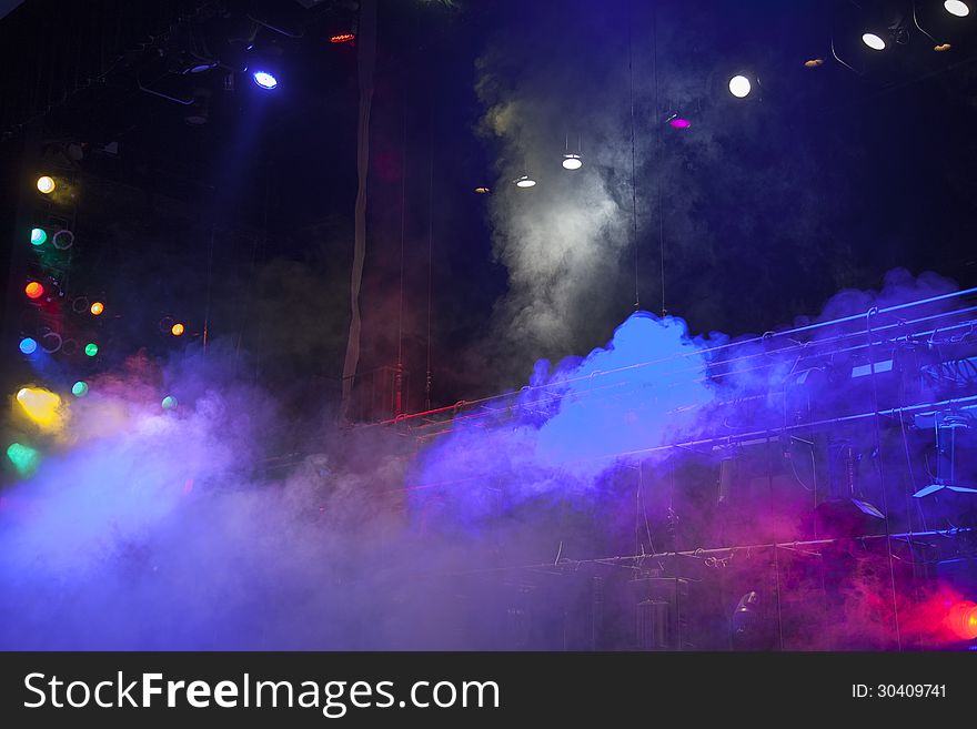 Stage lights on a console, smoke. Stage lights on a console, smoke