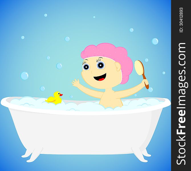 The little girl bathes in the bath. The little girl bathes in the bath