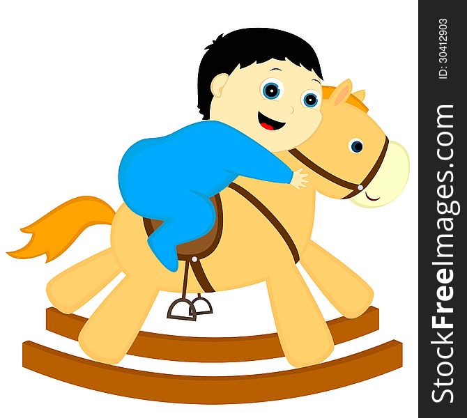 A boy rides a horse-rocking chair. A boy rides a horse-rocking chair