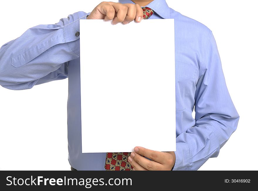 Businessman holding white paper. You can put your message on the paper