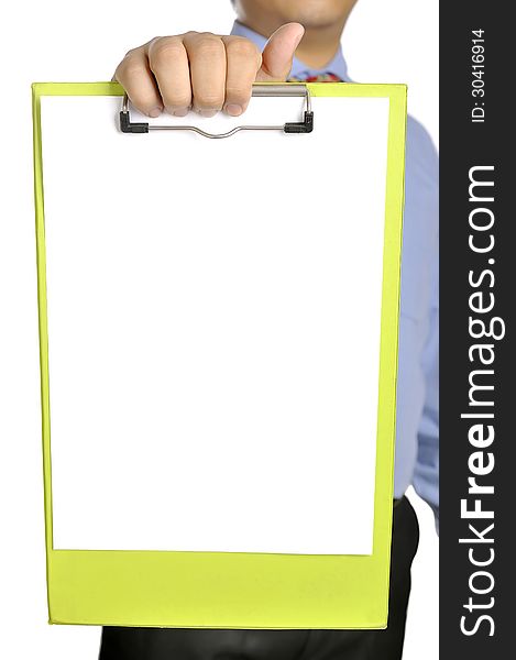 Businessman holding white paper on the clipboard. You can put your message on the paper. Businessman holding white paper on the clipboard. You can put your message on the paper