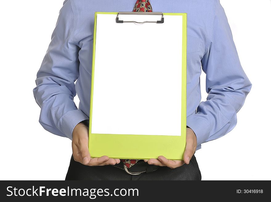 Businessman holding white paper on the clipboard. You can put your message on the paper. Businessman holding white paper on the clipboard. You can put your message on the paper